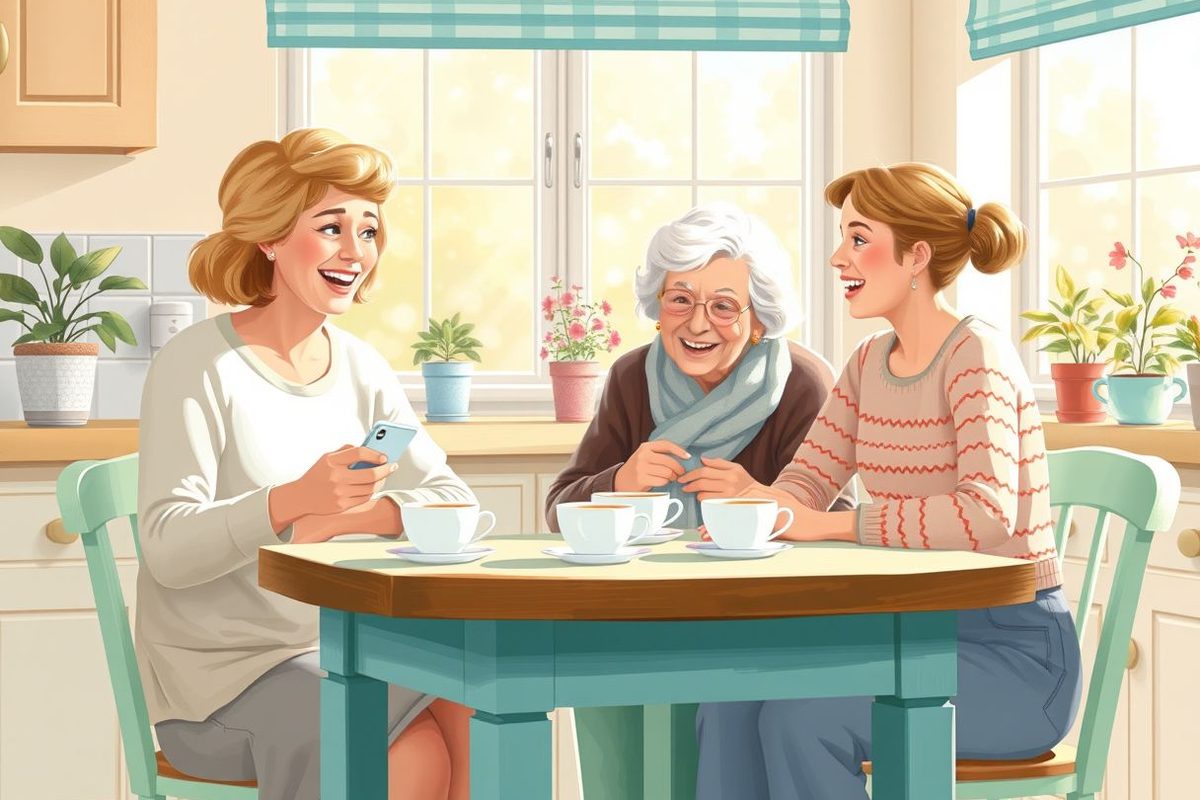 Illustration of a woman chatting over tea at the kitchen table with her elderly mother and her daughter