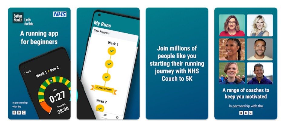 Four NHS Couch to 5K app screens: a running app for beginners with a run timer, your weekly progress, joining millions of people starting to run, and a choice of celebrity coaches.