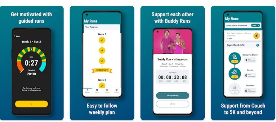 Four more NHS Couch to 5K app screens: guided runs with a timer, an easy-to-follow weekly plan, Buddy Runs to run with a friend, and support to keep going after Couch to 5K.