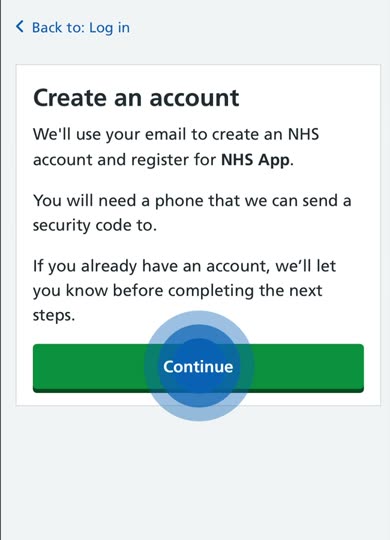 The Create an account screen, explaining you will need an email address and a phone that can receive a code, with a Continue button.