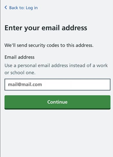 The Enter your email address screen, asking for a personal email rather than a work or school one.