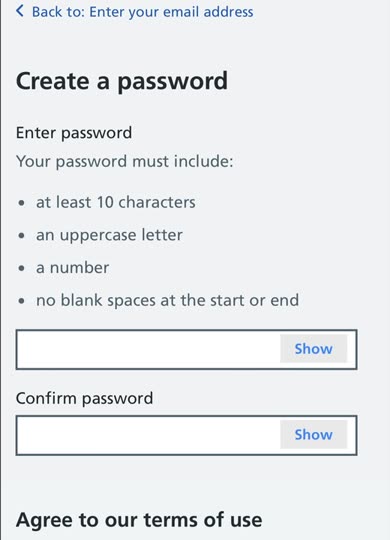 The Create a password screen: at least 10 characters, an uppercase letter and a number, with a box to confirm it.