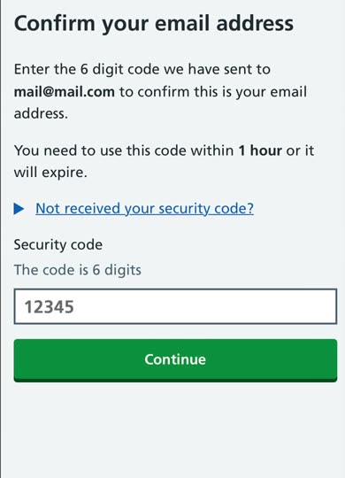 The Confirm your email address screen, with a box for the 6-digit security code, valid for 1 hour.