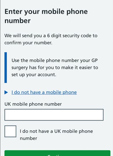 The Enter your mobile phone number screen, with a link for people who do not have a mobile phone.