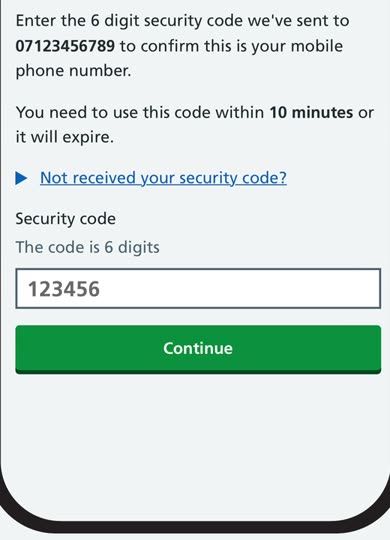 The screen asking for the 6-digit code sent to your mobile, valid for 10 minutes.