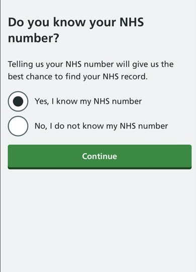 The Do you know your NHS number screen, with Yes and No options.
