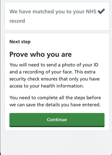 The screen confirming you have been matched to your NHS record, with the next step: prove who you are.