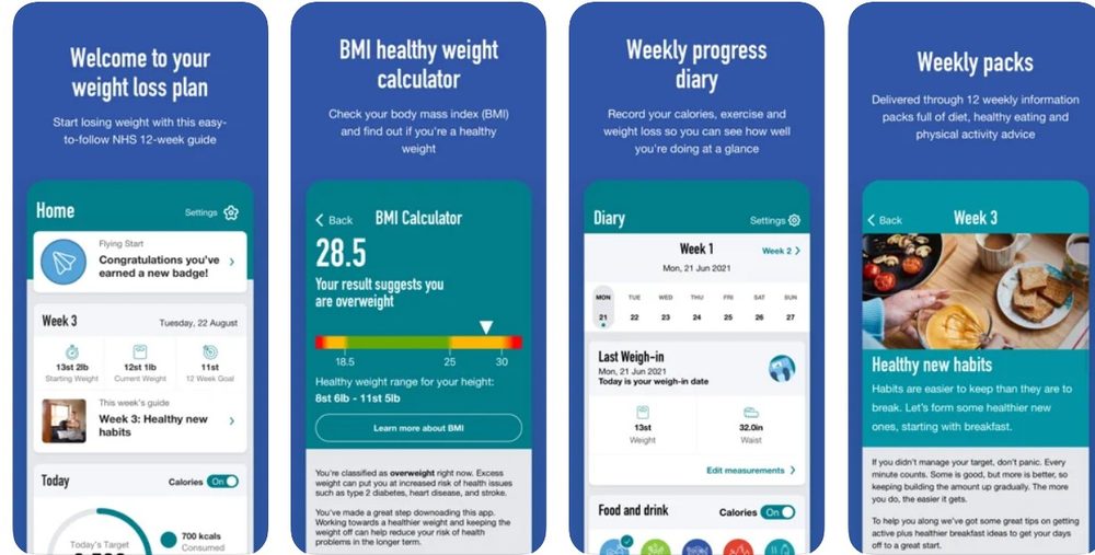 Four NHS Weight Loss Plan app screens: the home screen with this week's guide and calorie count, a BMI healthy weight calculator, a weekly progress diary for weight and waist, and a weekly information pack on healthy habits.