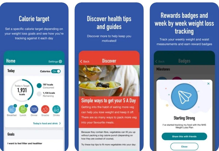 Three more NHS Weight Loss Plan app screens: a daily calorie target with food logged by meal, health tips and guides such as ways to get your 5 A Day, and reward badges for tracking your weight each week.