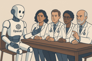 a an AI robot sitting at a table having it's knowledge quizzed by a bunch of doctors